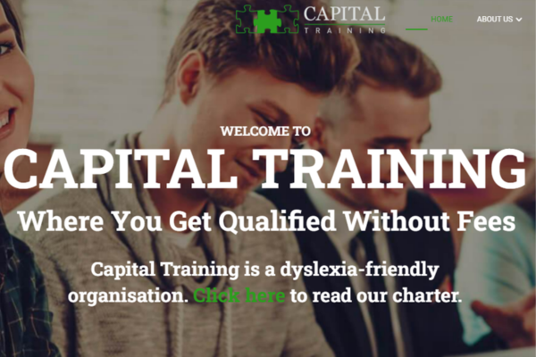 Homepage banner for Capital Training showing three people studying together, with the headline “Welcome to Capital Training – Where You Get Qualified Without Fees” and a note that the organisation is dyslexia-friendly.