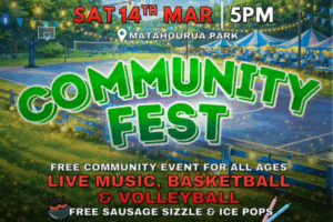 Poster promoting a community festival at Matahourua Park with sports courts, lights, and event tents in the background.