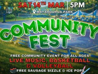 Poster promoting a community festival at Matahourua Park with sports courts, lights, and event tents in the background.