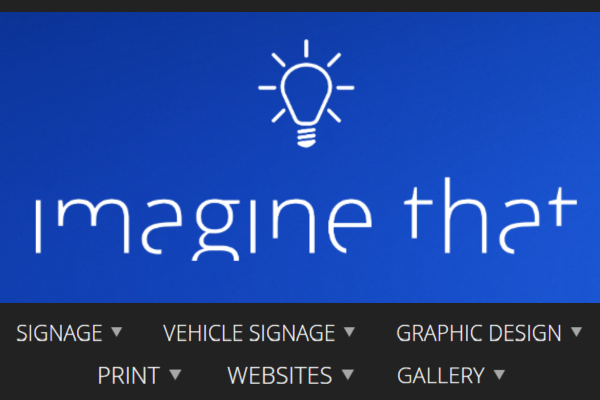 Imagine That logo featuring a lightbulb icon above the business name on a blue background, with menu items for signage, vehicle signage, graphic design, print, and websites.