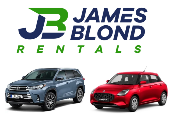 James Blond Rentals logo above two vehicles: a blue SUV on the left and a red compact hatchback on the right, representing available rental options.