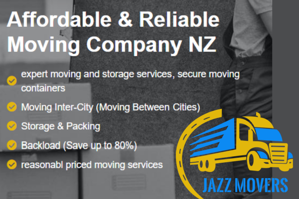 Promotional banner for Jazz Movers stating “Affordable & Reliable Moving Company NZ,” listing moving and storage services, with a yellow and blue moving truck logo.