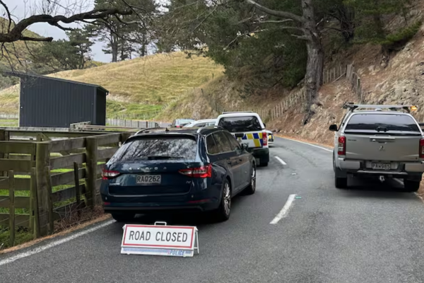 Police vehicles block a narrow rural section of Mākara Rd, with a “Road Closed” sign placed behind a patrol car. The road curves along a hillside with fencing and trees, while officers attend an incident further ahead.