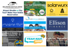 Collage featuring logos and promotional images from nine Porirua businesses including Wellington Shuttles, Tuk Tuk Thai, Solar Worx, Imagine That, Home Mortgage Services, Ellison Finance, Jazz Movers, Yeah Nah Quizzes and Capital Training.