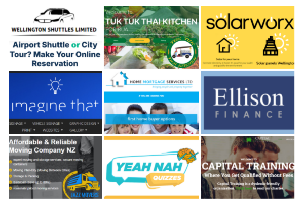 Collage featuring logos and promotional images from nine Porirua businesses including Wellington Shuttles, Tuk Tuk Thai, Solar Worx, Imagine That, Home Mortgage Services, Ellison Finance, Jazz Movers, Yeah Nah Quizzes and Capital Training.