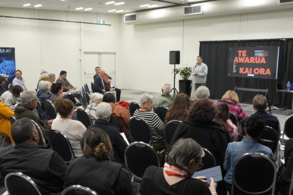 People attending the launch of the Te Awarua – Kai Ora digital tool at Pātaka Art + Museum