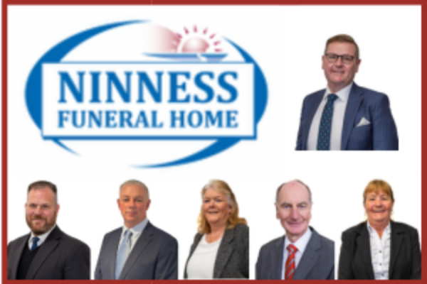 Promotional image for Ninness Funeral Home featuring the company logo and a group of six professionally dressed staff members posed against a light background.