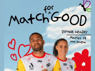 Promotional graphic for the Wellington Phoenix “Match For Good” double-header on March 14 at Sky Stadium, featuring two Phoenix players in white jerseys covered with children’s heart drawings and colourful doodles around the text.