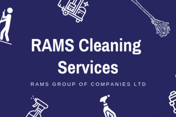RAMS Cleaning Services banner with cleaning icons including brooms, vacuum, spray bottle, and tools on a dark blue background.