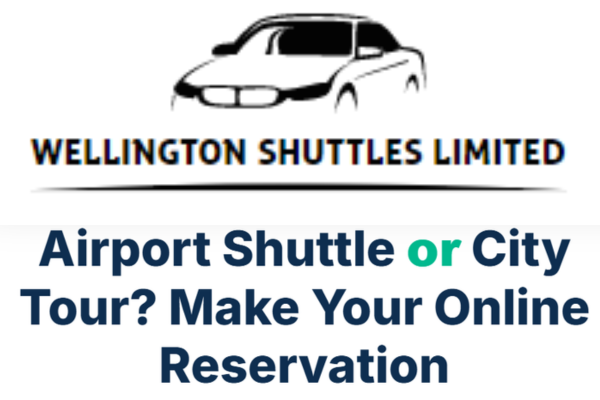 Wellington Shuttles logo featuring the business name in bold lettering with a transport-themed graphic, representing airport and local shuttle services.