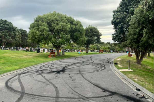 Black burnout tyre marks cover a curved cemetery driveway at Whenua Tapu Cemetery in Porirua, with headstones, green lawns, and trees visible on both sides under a cloudy sky.