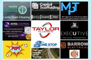 Collage of nine Porirua News Business Directory members including Lesli Drain Clearing, Capital Scaffolding, MPT Agencies, Astral Electrical, Taylor Plumbing, Executive Airport Shuttles, Pop! Training, One Stop Driver Training, and Barrow Electrical logos and branding.