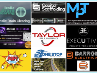 Collage of nine Porirua News Business Directory members including Lesli Drain Clearing, Capital Scaffolding, MPT Agencies, Astral Electrical, Taylor Plumbing, Executive Airport Shuttles, Pop! Training, One Stop Driver Training, and Barrow Electrical logos and branding.
