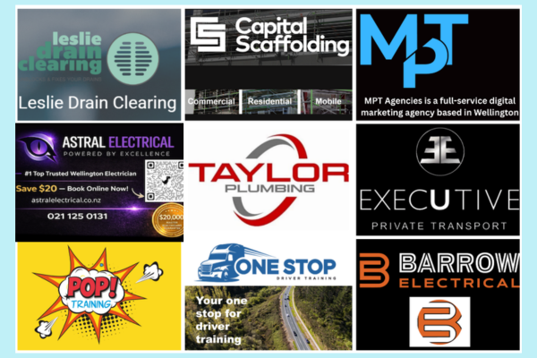 Collage of nine Porirua News Business Directory members including Lesli Drain Clearing, Capital Scaffolding, MPT Agencies, Astral Electrical, Taylor Plumbing, Executive Airport Shuttles, Pop! Training, One Stop Driver Training, and Barrow Electrical logos and branding.