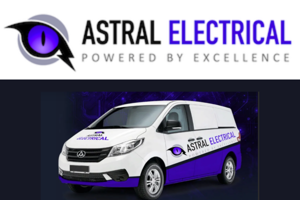 Astral Electrical logo with purple eye icon and branded service van with white and purple design