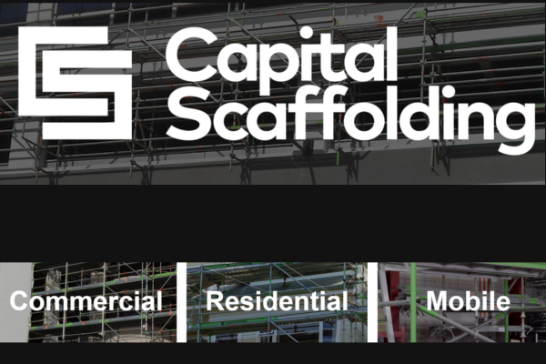 Capital Scaffolding logo over a background of scaffolding structures with text highlighting commercial, residential, and mobile services.