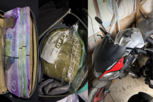Close-up images show cash bundled inside a bag, a clear plastic bag containing cannabis, and a motorbike stored inside a shed, all seized during a Police search in Cannons Creek, Porirua.