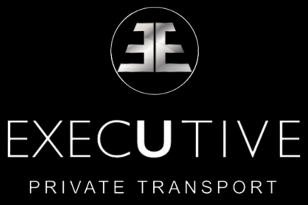 Executive Private Transport logo with silver EE monogram and white text on black background
