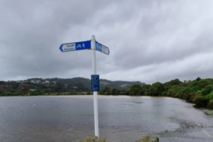Floodwaters cover a pathway and surrounding land in Pāuatahanui, with a cycleway sign partially surrounded by water under grey storm clouds.
