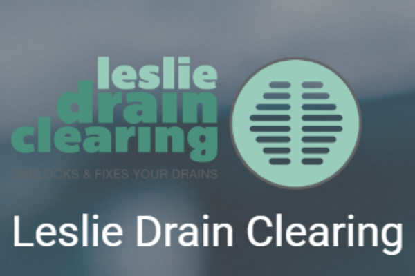 Leslie Drain Clearing logo with green text and drain icon, promoting drain unblocking and repair services.