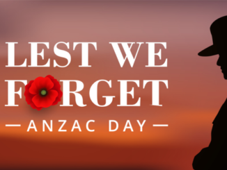 “Lest We Forget – Anzac Day” text over a red-orange sunrise background, with a red poppy and the silhouette of a soldier in profile.