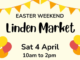 Poster for Linden Market on Easter weekend showing date and time details with festive bunting and balloons.
