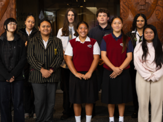 Eleven Porirua college students stand together at the start of their Mahi Rangatahi internships with Porirua City Council.