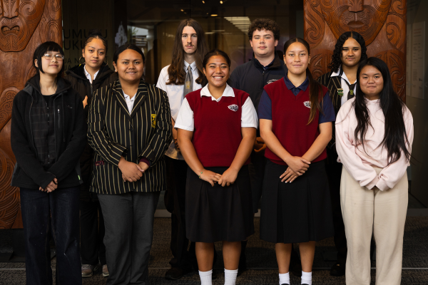Eleven Porirua college students stand together at the start of their Mahi Rangatahi internships with Porirua City Council.