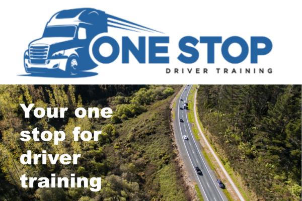 Aerial view of cars driving along a highway through forest with text “Your one stop for driver training”