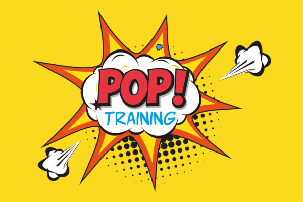 Pop! Training logo in comic-style burst with bold “POP!” text on a yellow background