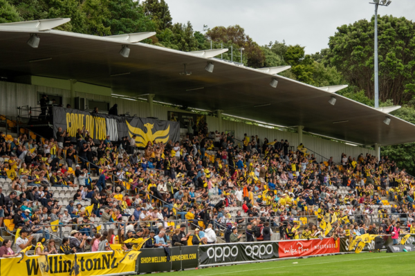 Crowd of Wellington Phoenix supporters in yellow and black fill a covered stand at Porirua Park during a match.