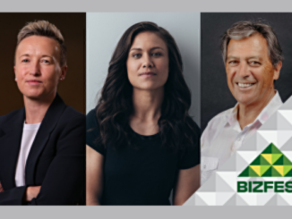 Three guest speakers for Porirua’s BizFest 2026 are shown in portrait photos side by side: a short-haired person in a dark blazer with arms crossed, a woman with long dark hair wearing a black top, and a smiling man in a white shirt. The BizFest logo appears in the bottom right corner.