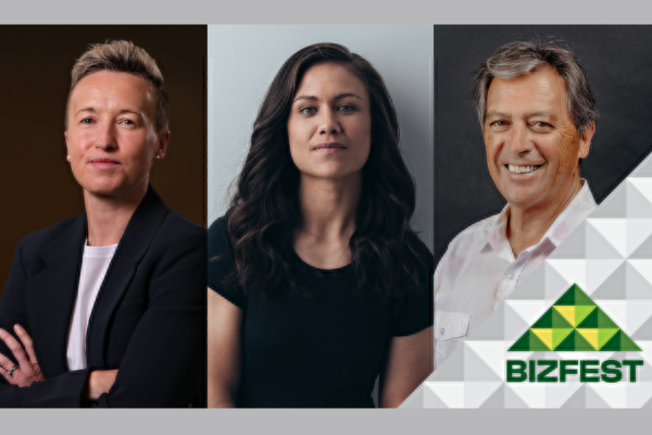 Three guest speakers for Porirua’s BizFest 2026 are shown in portrait photos side by side: a short-haired person in a dark blazer with arms crossed, a woman with long dark hair wearing a black top, and a smiling man in a white shirt. The BizFest logo appears in the bottom right corner.