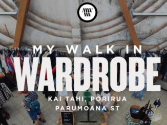 Overhead view of a clothing market inside Kai Tahi in Porirua, with racks of garments and shoppers browsing beneath a curved ceiling. Large text reads “My Walk in Wardrobe” with location details below.