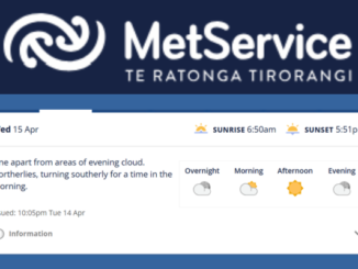 MetService weather forecast panel for Wednesday 15 April showing mostly fine conditions with some evening cloud, light northerlies turning southerly in the morning, sunrise at 6:50am and sunset at 5:51pm.