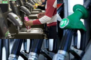 Person scanning groceries at a supermarket checkout while paying for items
