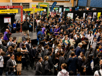 Crowds of secondary school students and jobseekers fill Te Rauparaha Arena during the Porirua Careers Expo, visiting exhibitor stalls and speaking with employers and training providers.