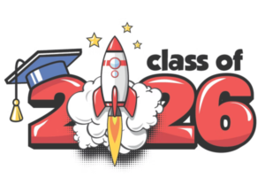 A colourful “Class of 2026” graphic featuring large red numbers, a graduation cap and a cartoon rocket launching into space with smoke and stars around it.