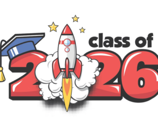 A colourful “Class of 2026” graphic featuring large red numbers, a graduation cap and a cartoon rocket launching into space with smoke and stars around it.