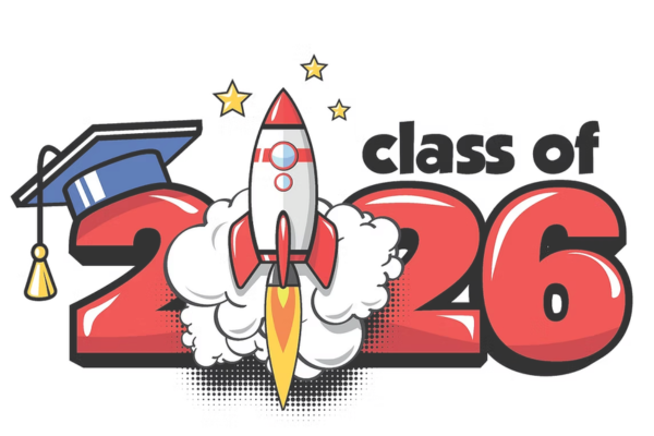 A colourful “Class of 2026” graphic featuring large red numbers, a graduation cap and a cartoon rocket launching into space with smoke and stars around it.