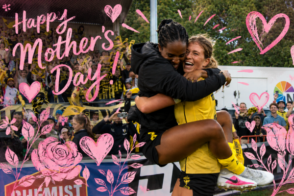Wellington Phoenix Women players celebrate on the field at Porirua Park after their historic A-League Women semi-final victory on Mother’s Day, surrounded by pink heart and floral artwork overlays.