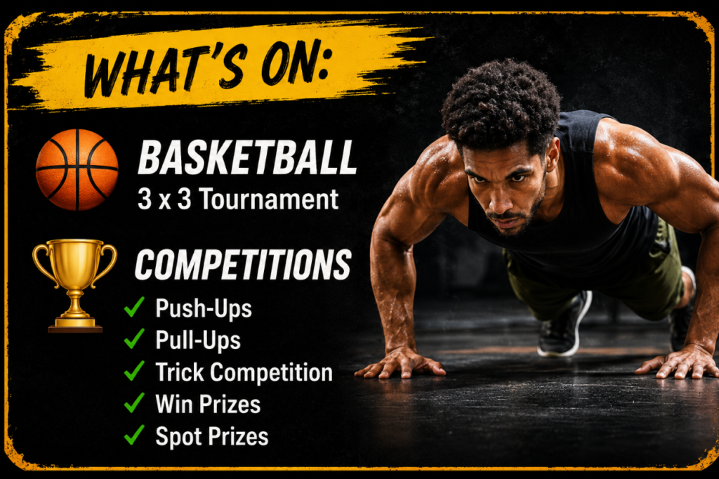 Promotional graphic for a free Porirua pop-up community event, showing a basketball, trophy and a man doing push-ups beside details for 3-on-3 basketball, push-up and pull-up challenges, a trick competition, prizes and spot prizes.