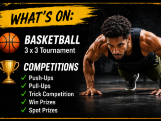 Promotional graphic for a free Porirua pop-up community event, showing a basketball, trophy and a man doing push-ups beside details for 3-on-3 basketball, push-up and pull-up challenges, a trick competition, prizes and spot prizes.