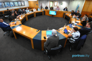 Porirua City councillors and staff sit around the council chamber during a Te Puna Kōrero Committee meeting.