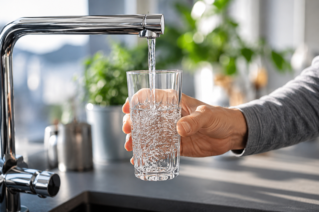 A hand holds a clear glass under a chrome kitchen faucet as water fills it.