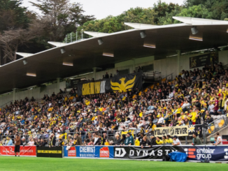 Wellington Phoenix fans fill the grandstand at Porirua Park during an A-League Women match, waving yellow-and-black flags and banners ahead of the club’s semi-final showdown with Brisbane Roar.