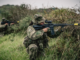 Two New Zealand Army Reserve soldiers in camouflage move through long grass and scrub during a field training exercise.