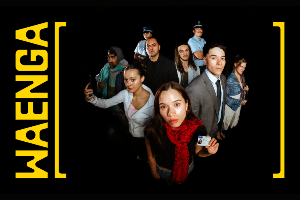 Promotional image for Waenga featuring eight cast members standing against a black background. A young woman holding an identification card stands in the foreground, surrounded by characters including police officers, a lawyer and young adults. The title "WAENGA" appears in bold yellow lettering along the left side.