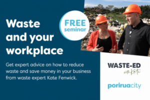 Promotional graphic for a free “Waste and your workplace” seminar featuring waste expert Kate Fenwick, with a landfill background and Porirua City branding.