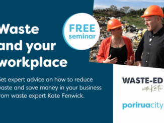 Promotional graphic for a free “Waste and your workplace” seminar featuring waste expert Kate Fenwick, with a landfill background and Porirua City branding.